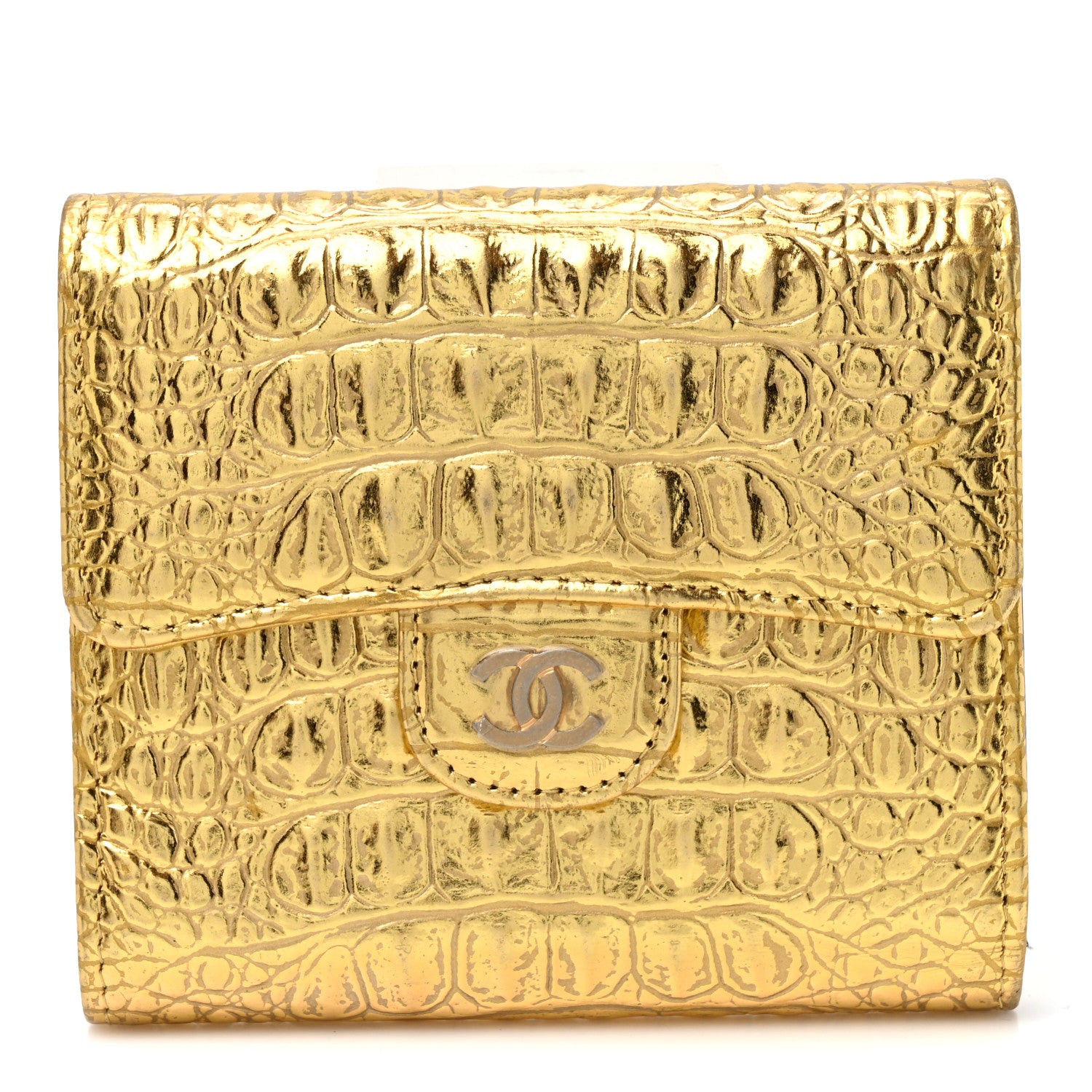 Chanel Metallic Calfskin Crocodile Embossed Cocodile Compact Flap Wallet  Gold 1 of 8