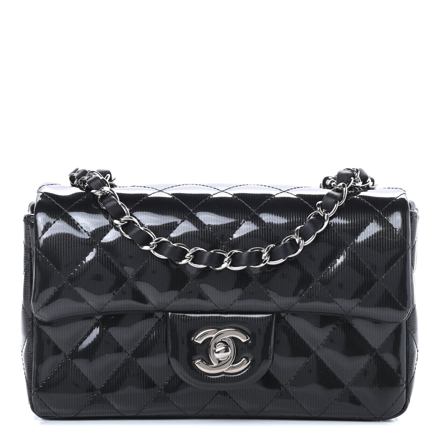 Striated Patent Calfskin Quilted Mini Rectangular Flap Black