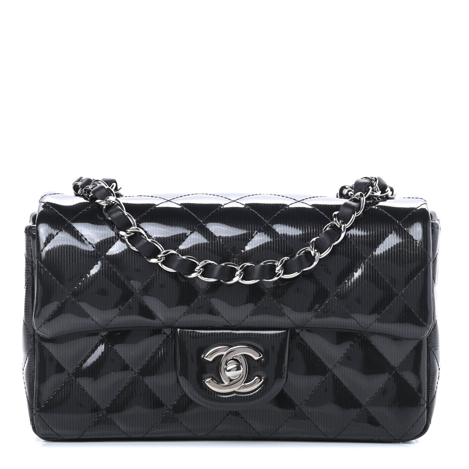 Chanel Striated Patent Calfskin Quilted Mini Rectangular Flap Black 1 of 13