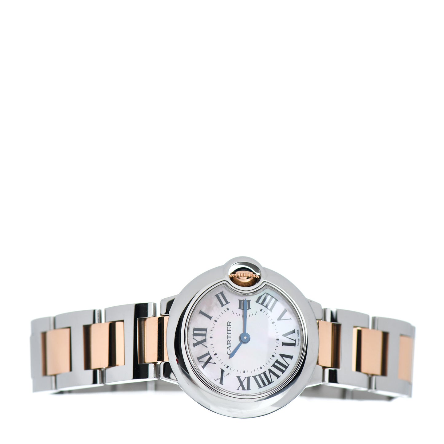 Stainless Steel 18K Pink Gold Pink Mother of Pearl 28mm Ballon Bleu De Cartier Quartz Watch
