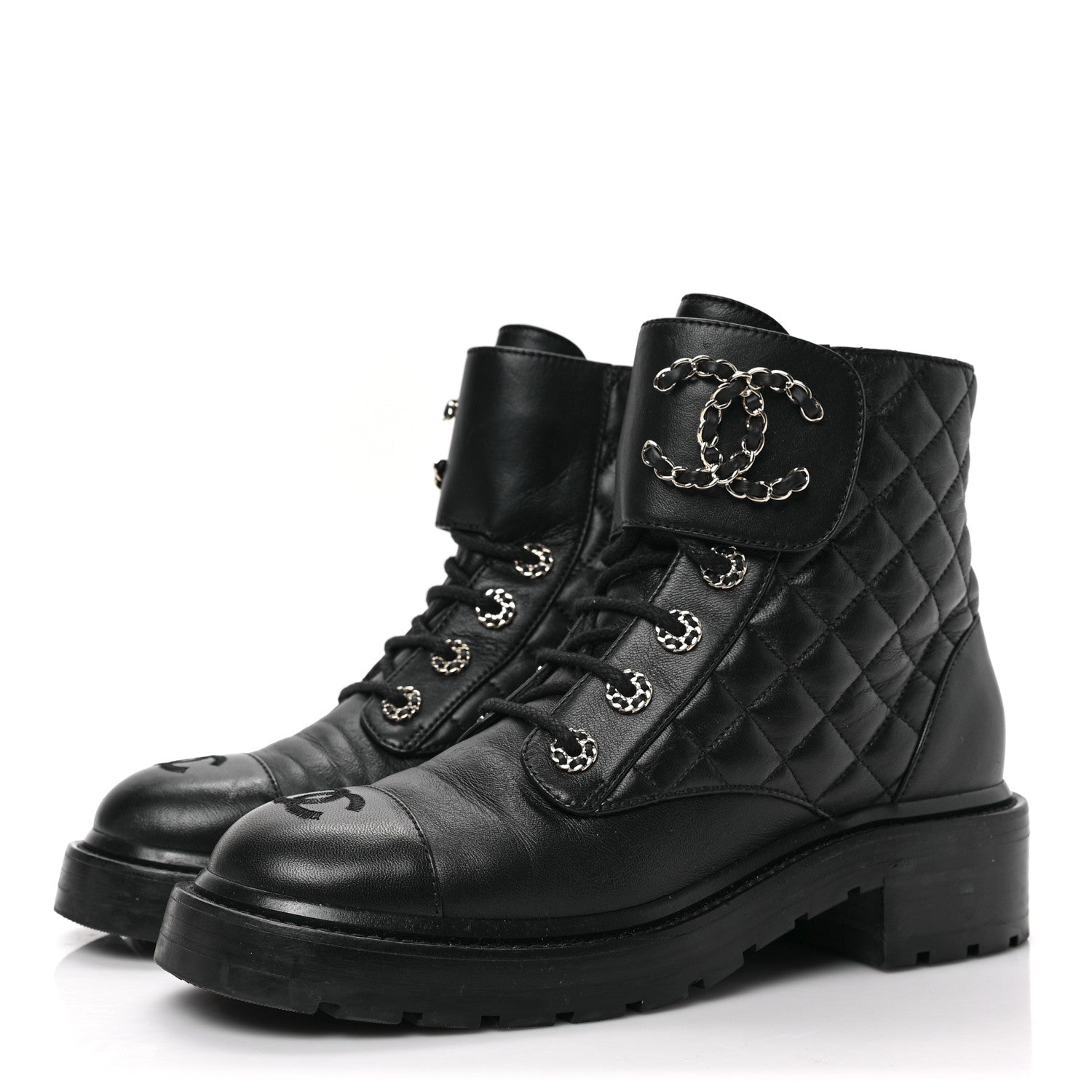 Chanel Shiny Calfskin Quilted Lace Up Combat Boots 38 Black 3 of 7