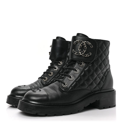 Chanel Shiny Calfskin Quilted Lace Up Combat Boots 38 Black 3 of 7