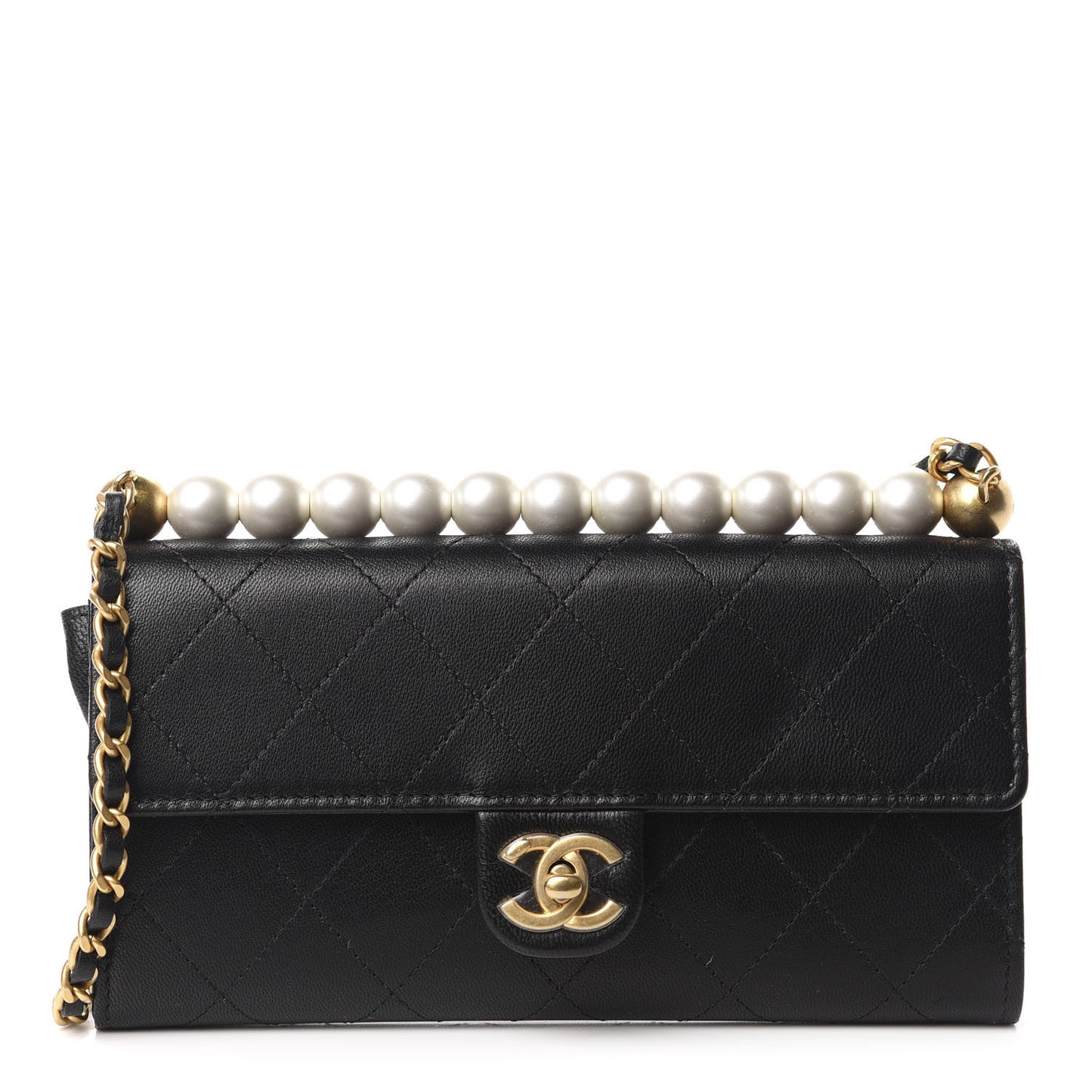 Goatskin Quilted Chic Pearls Clutch With Chain Black