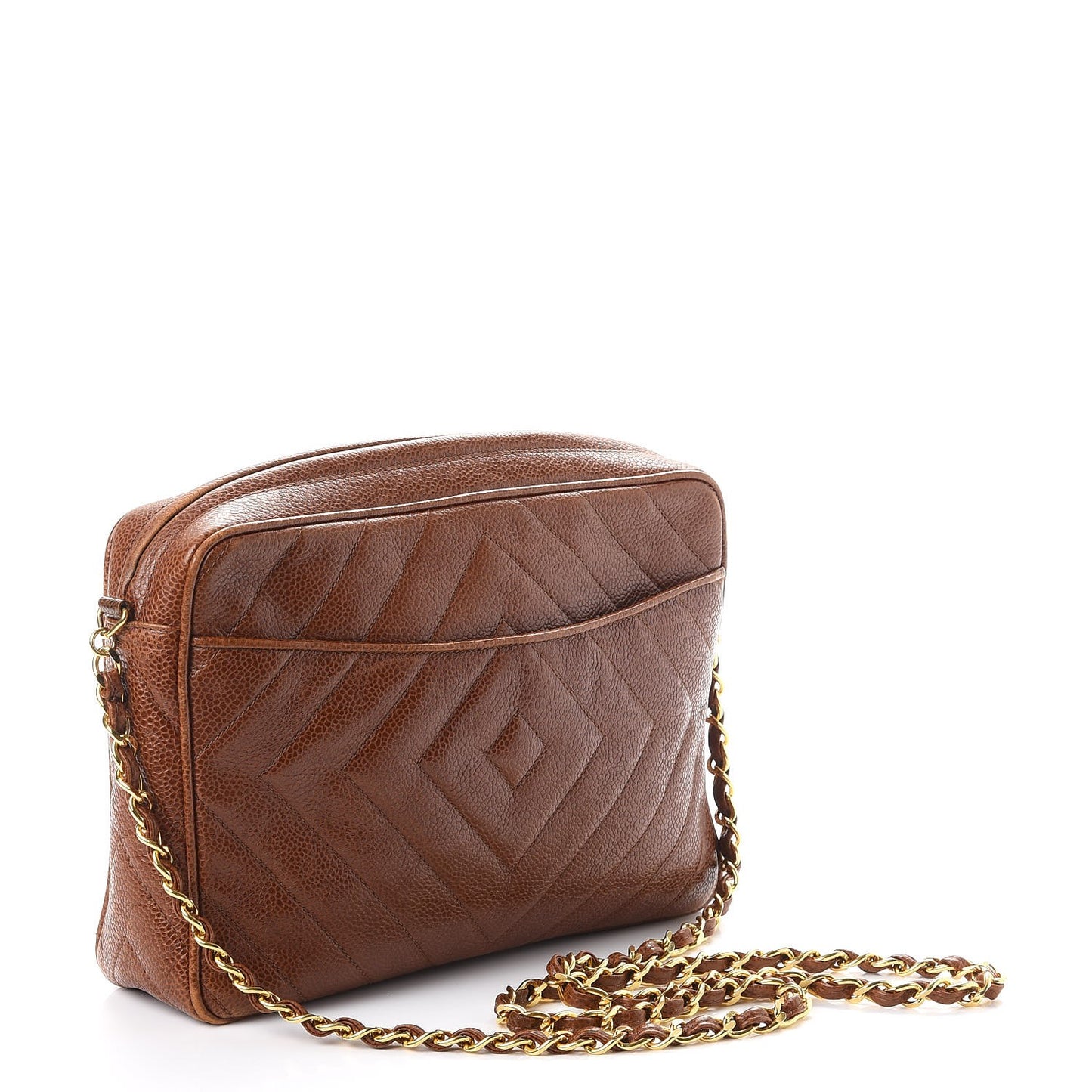 Caviar Chevron Quilted Tassel Camera Case Brown