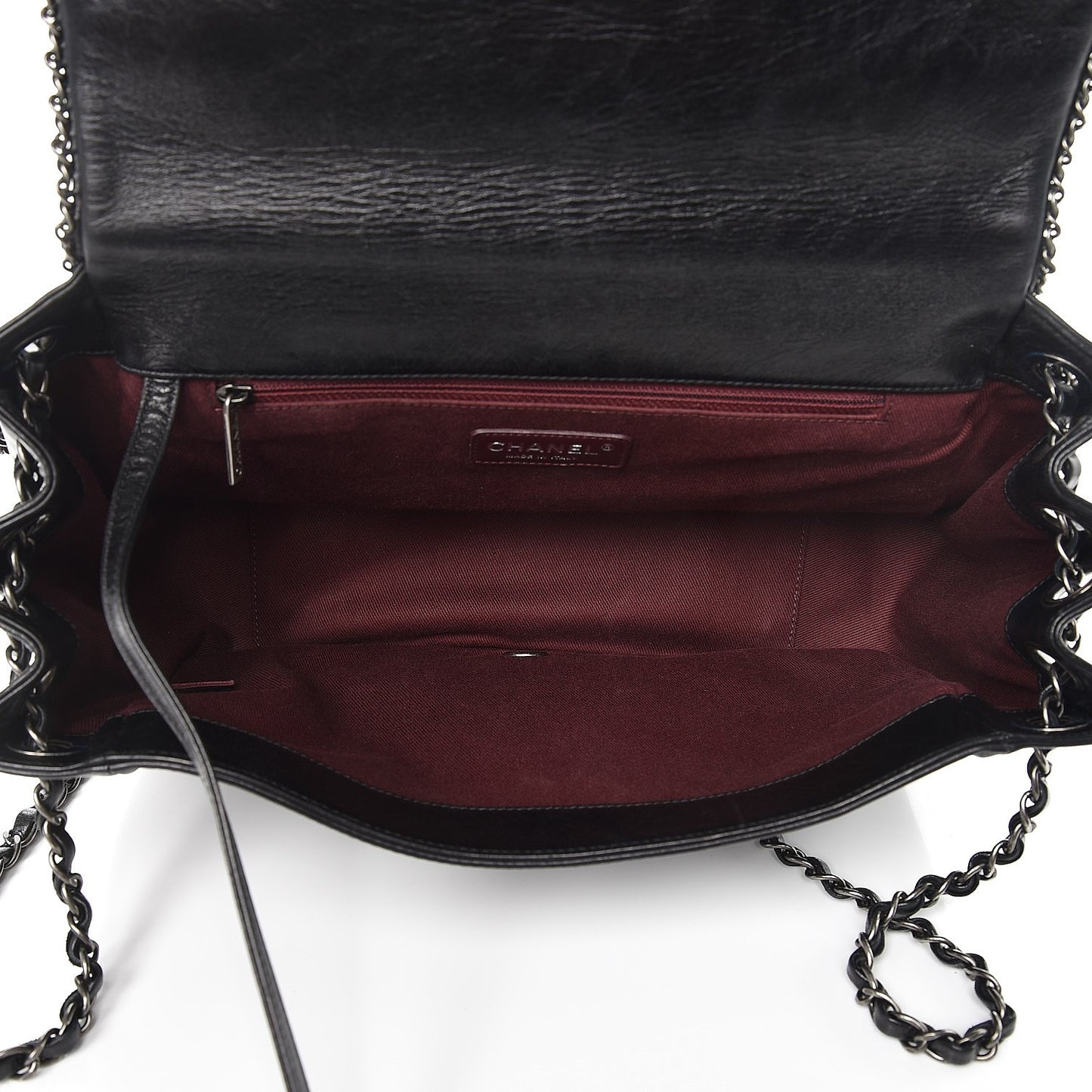 Glazed Calfskin Quilted Large CC Enchained Accordion Flap Black