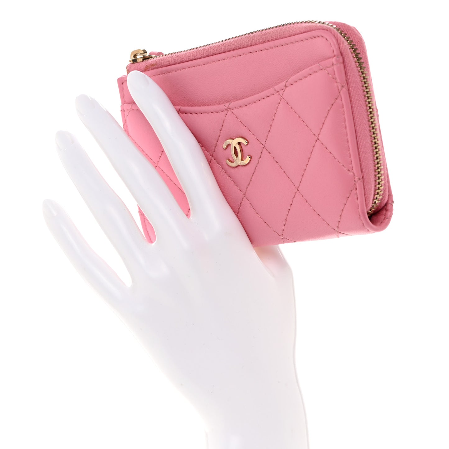 Lambskin Quilted CC Zip Around Card Holder Pink