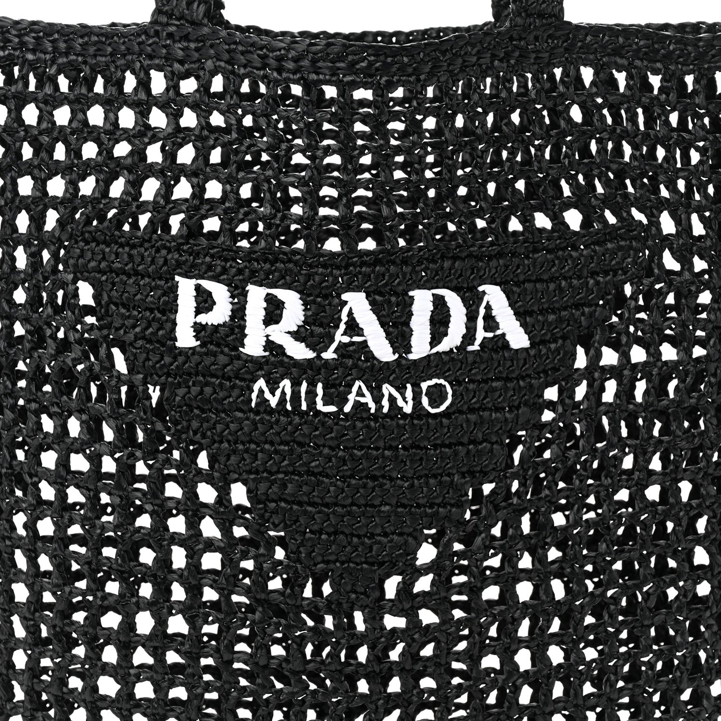 Yarn Raffia Effect Crochet Logo Embroidered Tote Bag Black