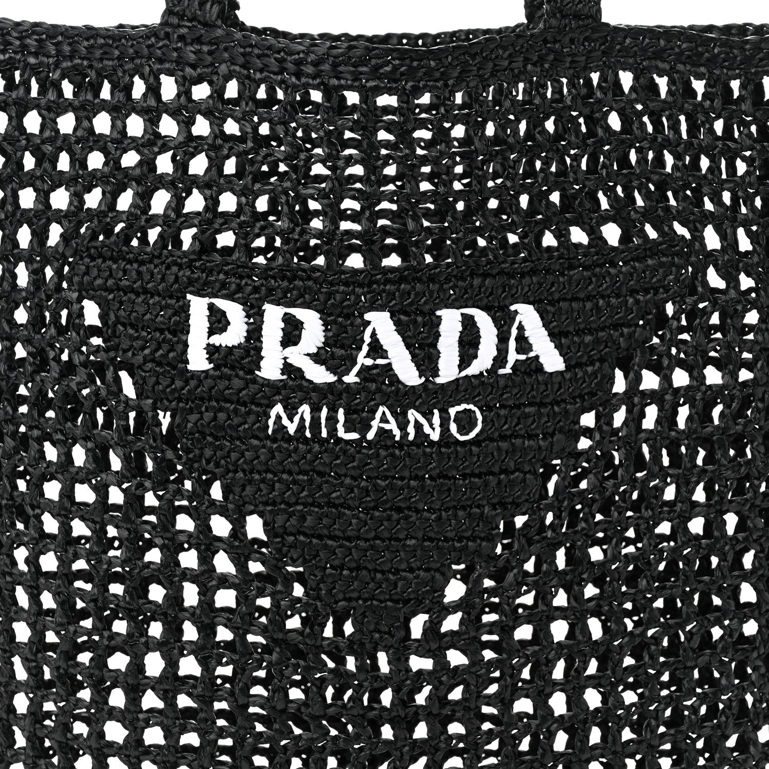 Prada Yarn Raffia Effect Crochet Logo Embroidered Tote Bag Black 7 of 9