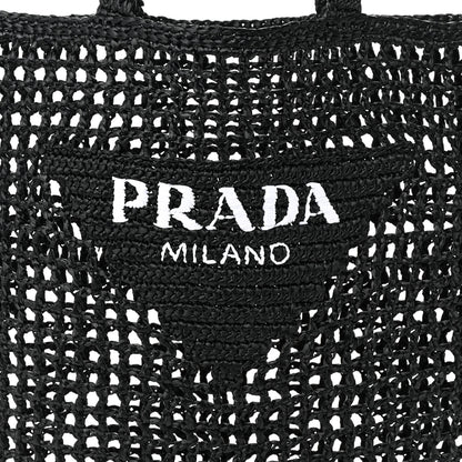 Prada Yarn Raffia Effect Crochet Logo Embroidered Tote Bag Black 7 of 9