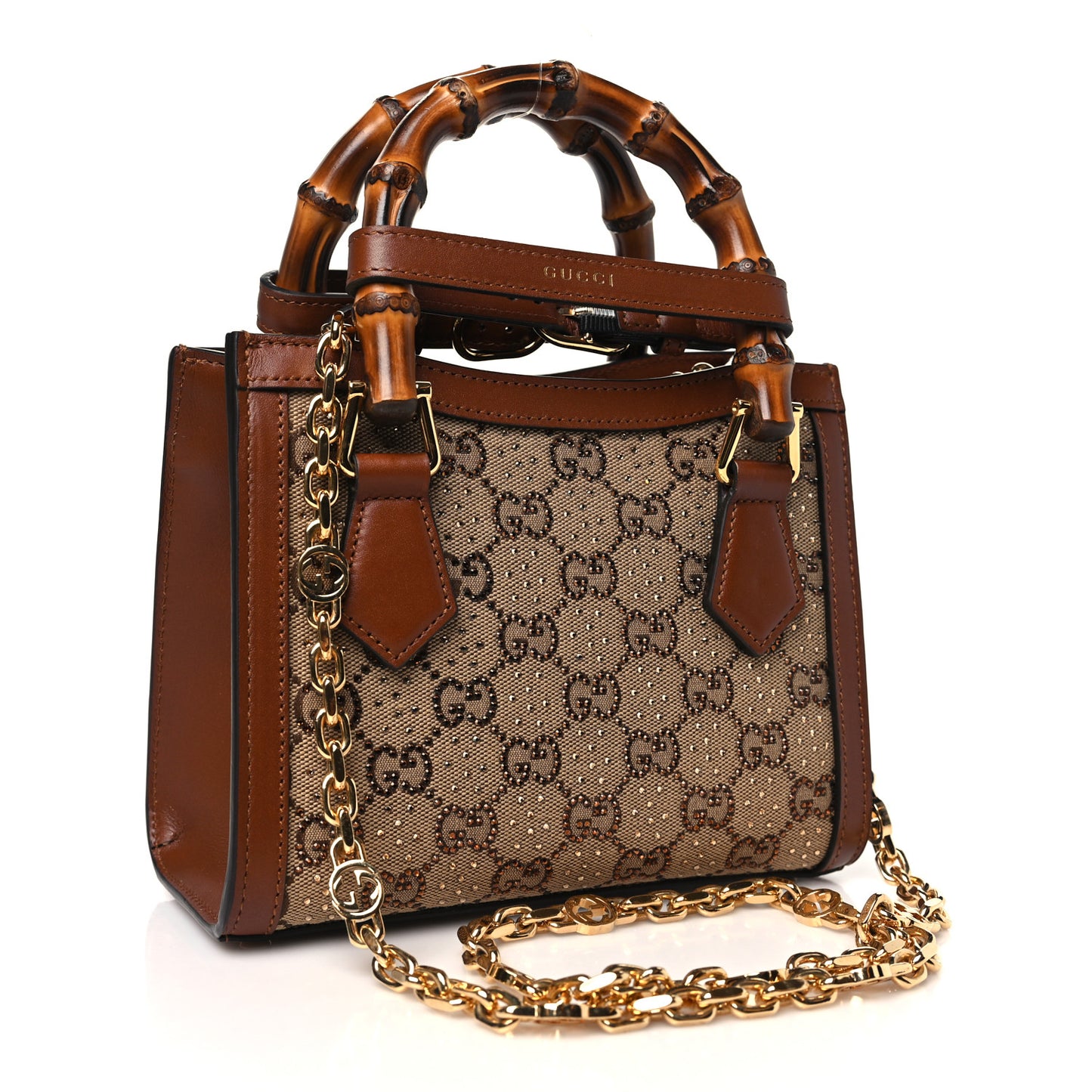 New Canvas Charisma Calfskin Crystal GG Monogram Mini Diana Tote Bag Camel Ebony