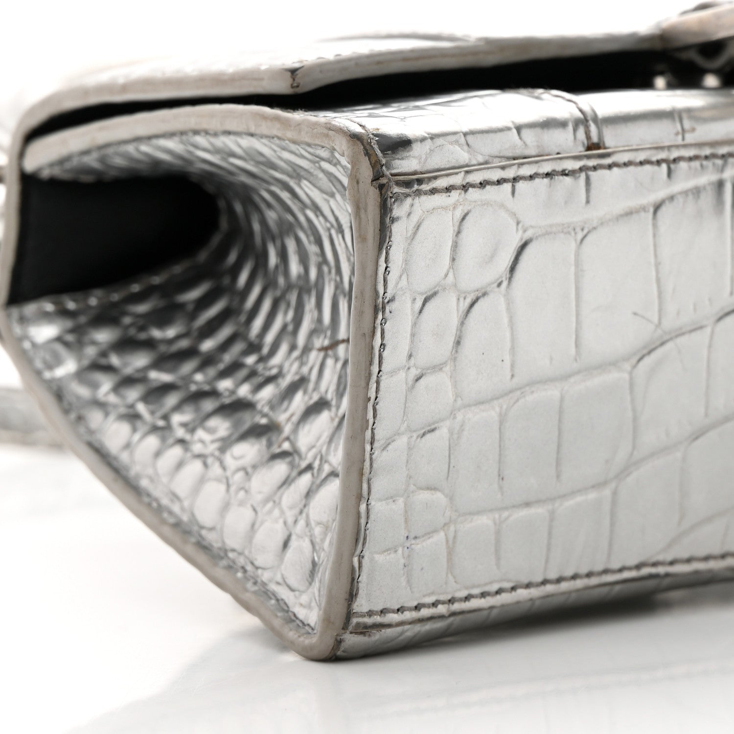 Balenciaga Metallic Calfskin Crocodile Embossed Hourglass Top Handle Bag XS Silver 9 of 27