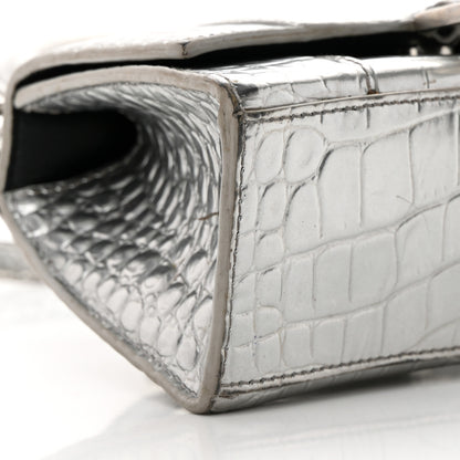 Balenciaga Metallic Calfskin Crocodile Embossed Hourglass Top Handle Bag XS Silver 9 of 27