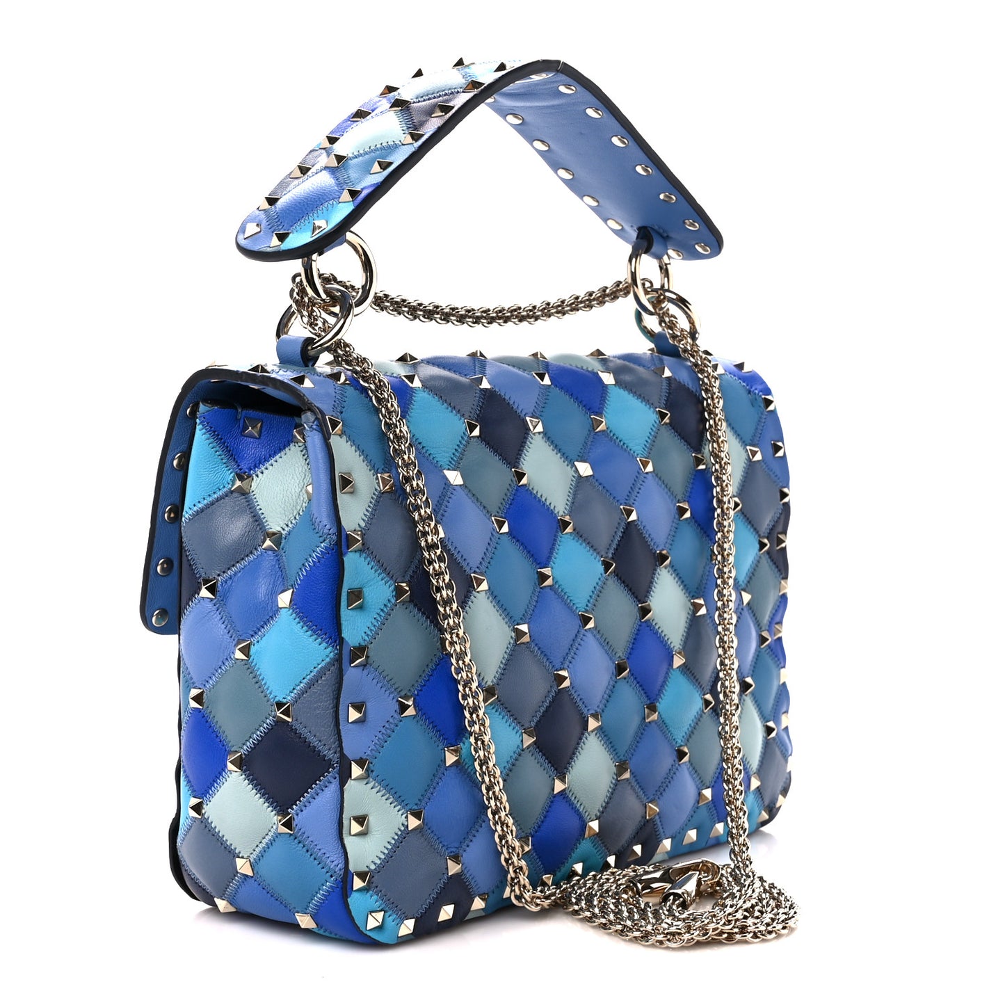 Lambskin Patchwork Medium Rockstud Spike Shoulder Bag Angel Blue