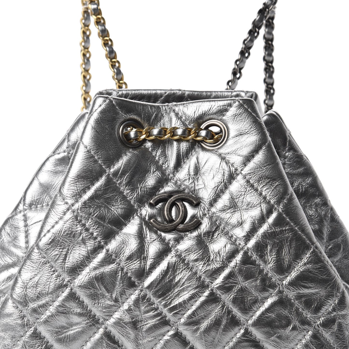 Metallic Crumpled Calfskin Quilted Small Gabrielle Backpack Silver