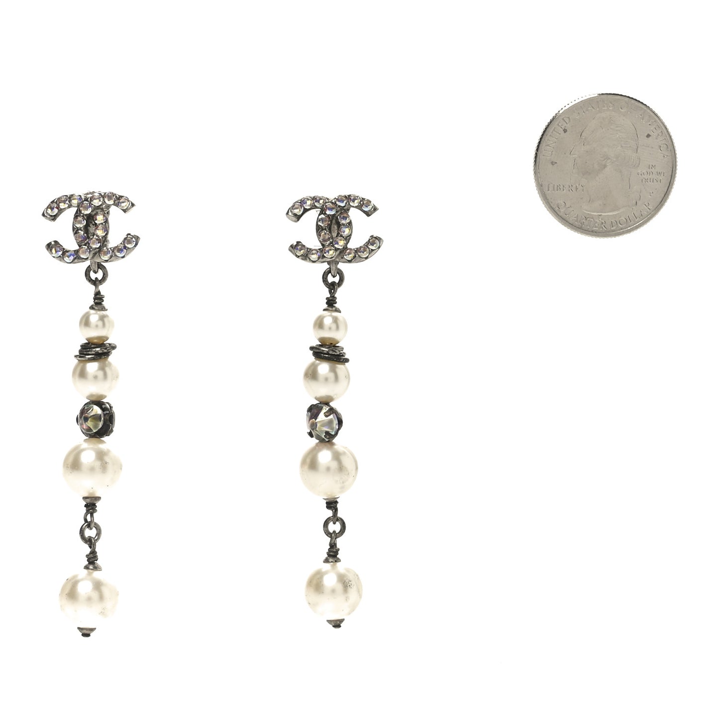 Pearl Crystal CC Chain Drop Earrings Silver