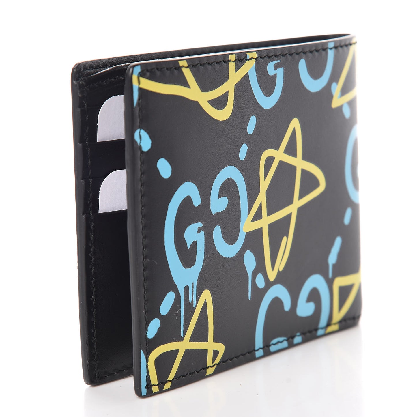 Calfskin GucciGhost Print Bi-Fold Wallet Black New Acquamarine