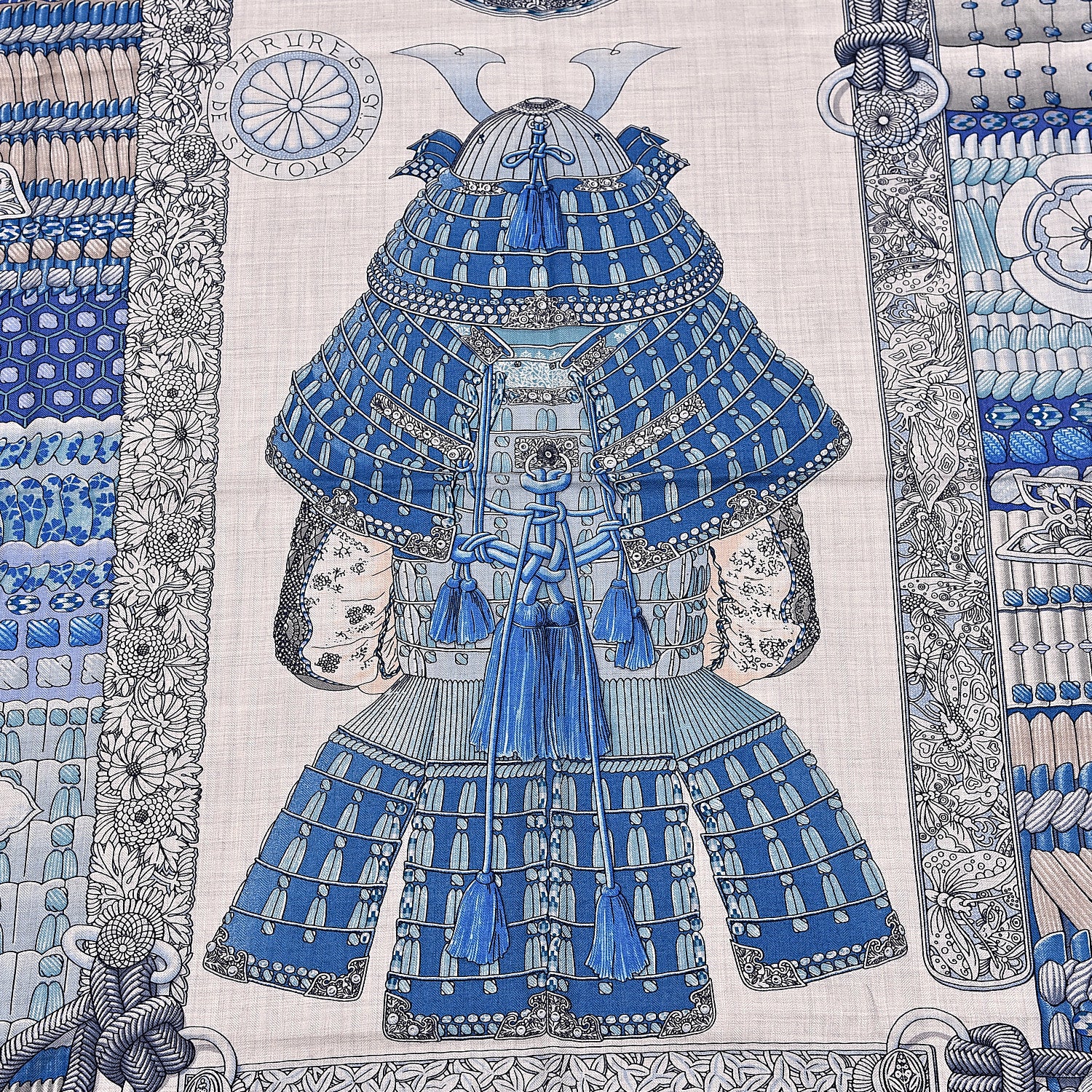 Hermes Cashmere Silk Parures De Samourais Shawl 140 Gris Chine Bleu Gris 4 of 5