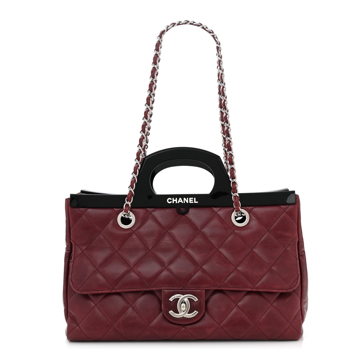 Glazed Calfskin Quilted Small CC Delivery Tote Burgundy