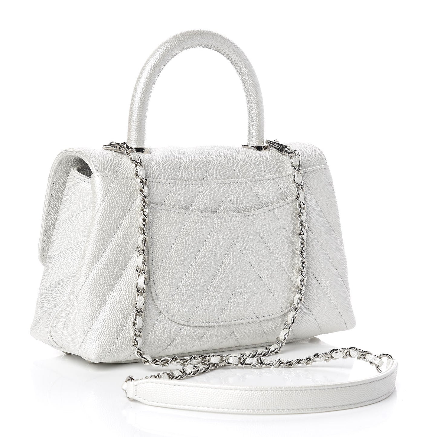 Iridescent Caviar Chevron Quilted Mini Coco Handle Flap White