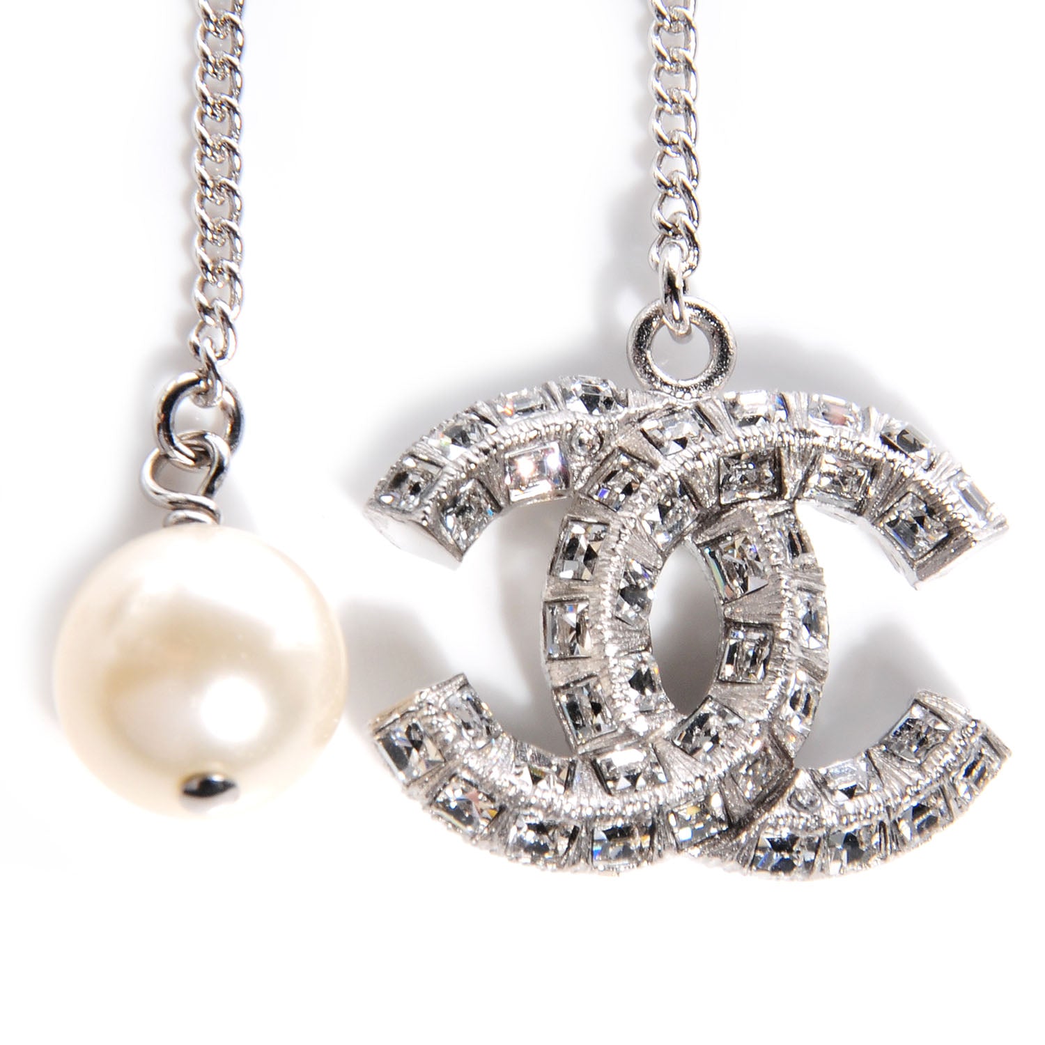 Chanel Baguette Crystal Pearl CC Lariat Necklace Silver 4 of 6