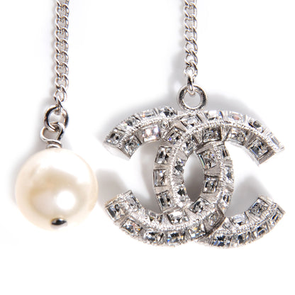 Chanel Baguette Crystal Pearl CC Lariat Necklace Silver 4 of 6