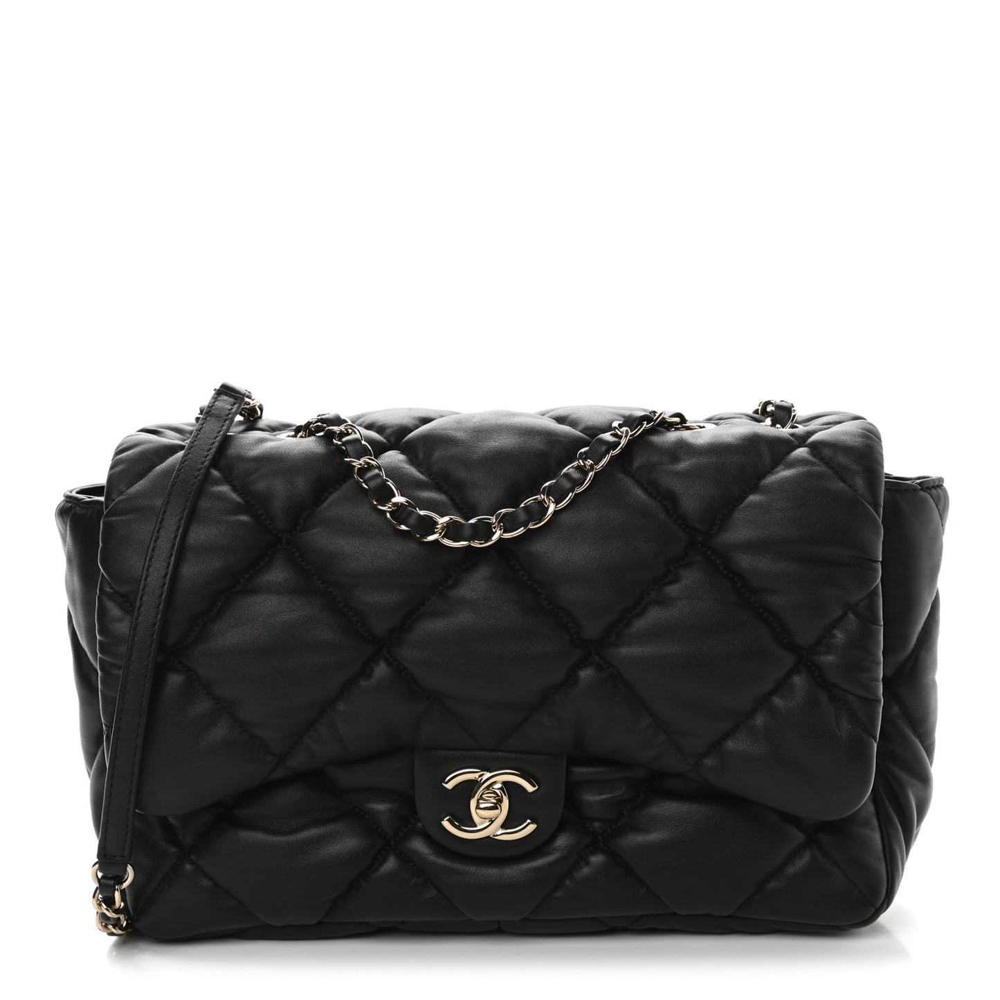 Calfskin Quilted Large Bubbly Flap Black