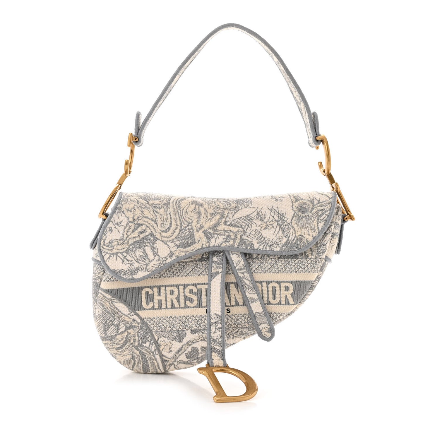 Canvas Embroidered Toile de Jouy Saddle Bag Gray