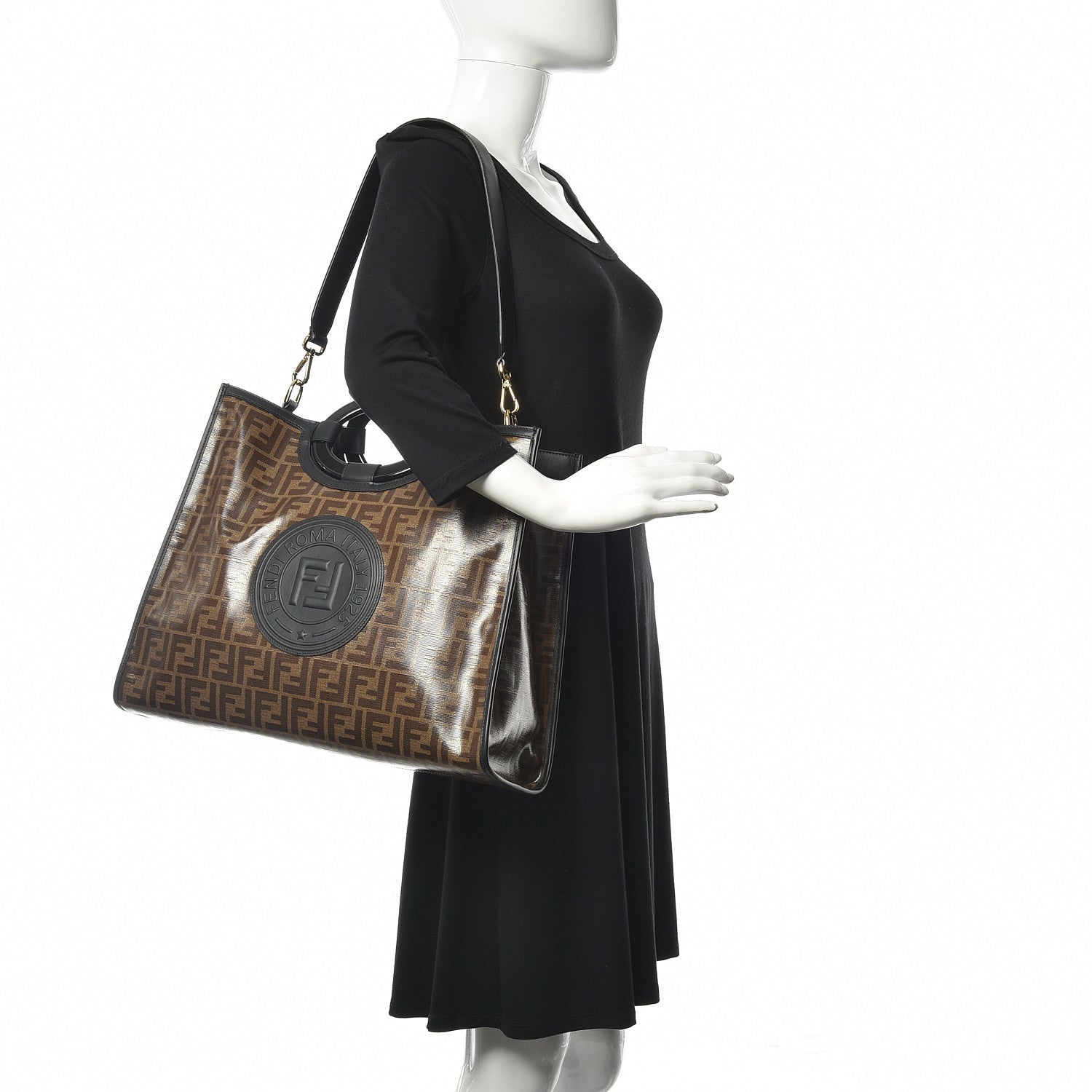 Fendi Glazed Fabric Vitello Century Plexiglass FF 1974 Stamp Patch Medium Runaway Shopper Tote Mogano Panna Black 2 of 10