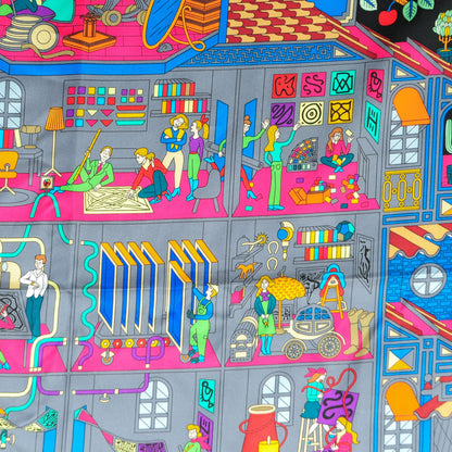 Hermes Silk La Maizeon Des Carres Scarf 90 Noir Gris Multicolor 1 of 6