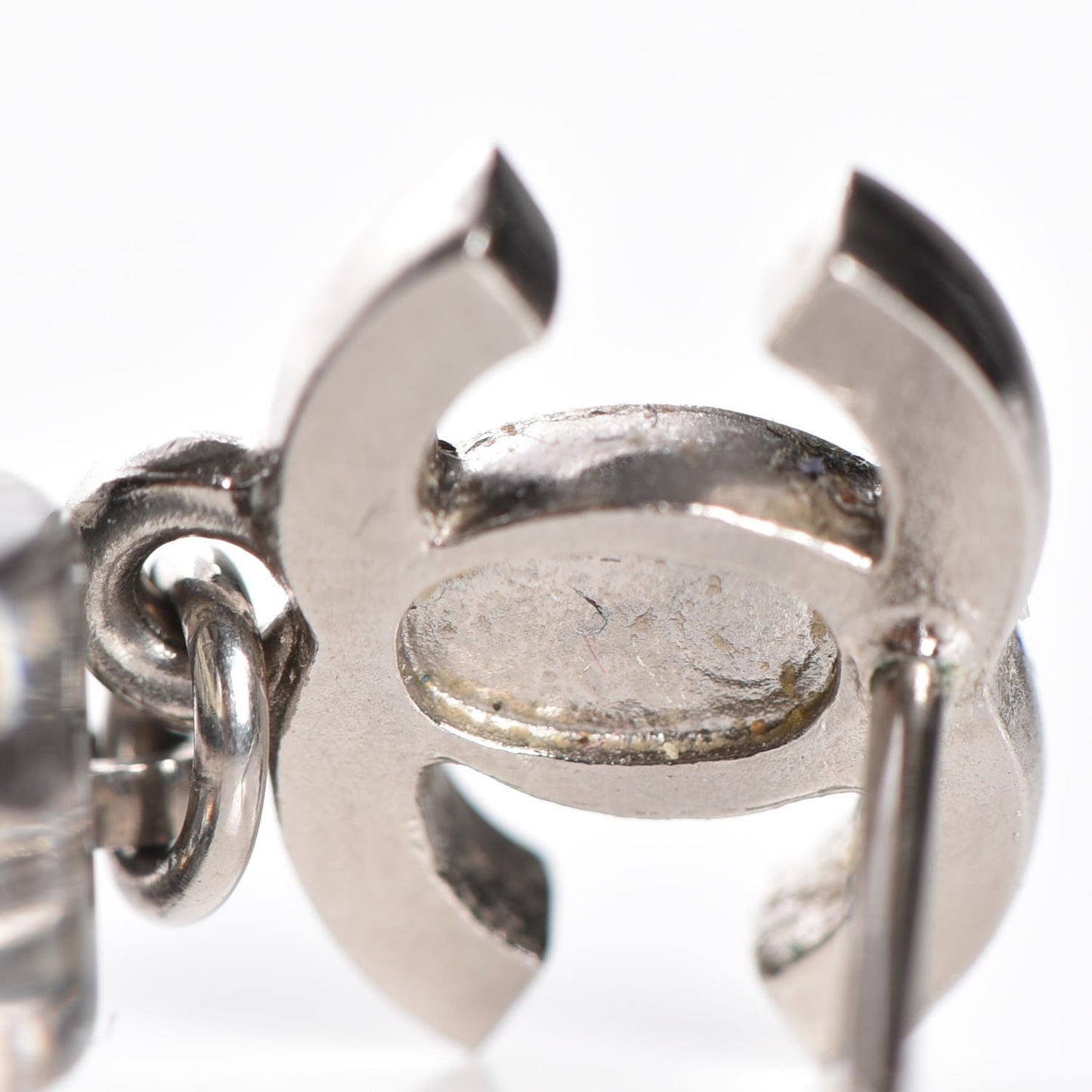 Resin Crystal Pearl Lace CC Drop Earrings Black Silver