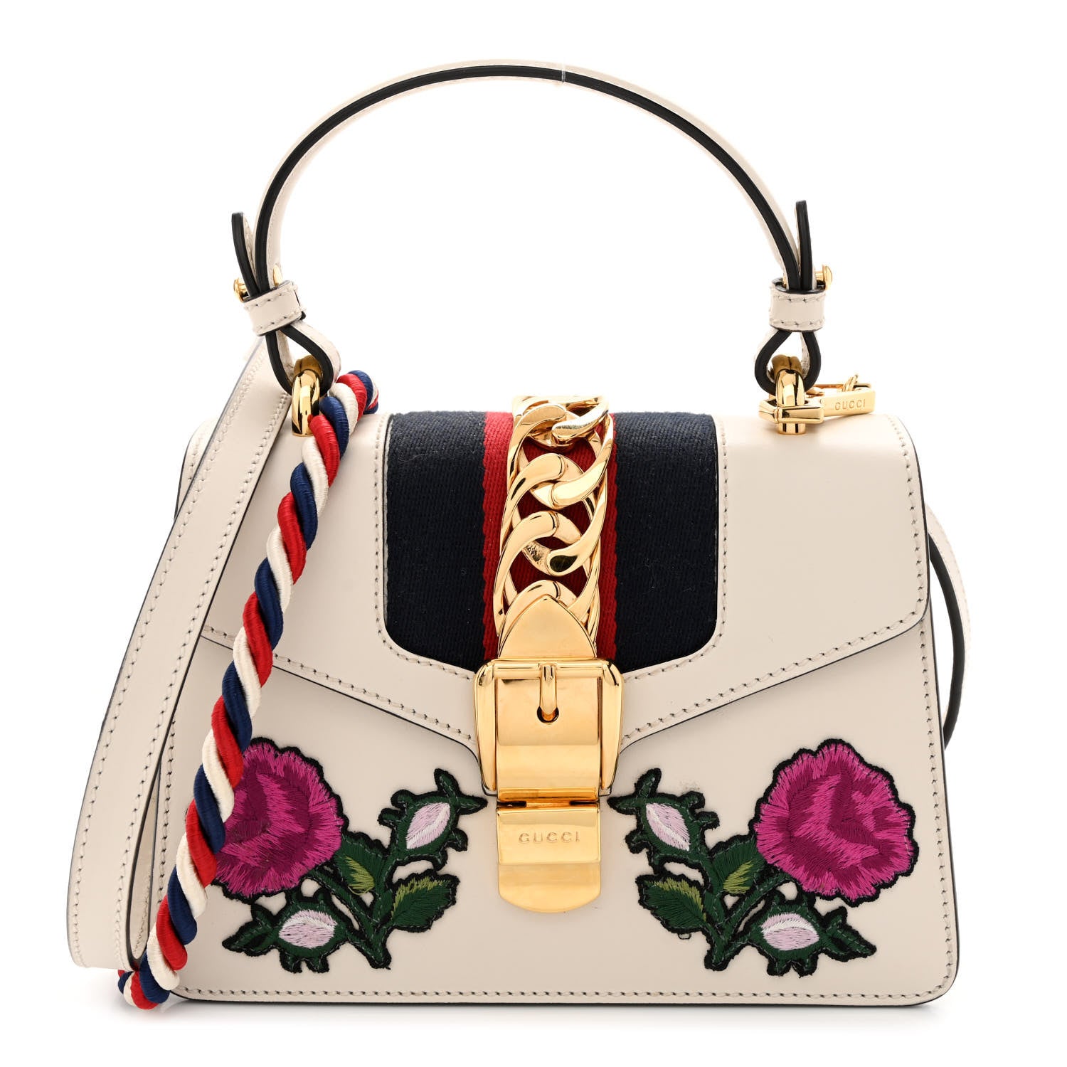 Gucci Calfskin Embroidered Mini Sylvie Top Handle Bag White 1 of 14