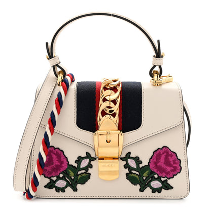 Gucci Calfskin Embroidered Mini Sylvie Top Handle Bag White 1 of 14