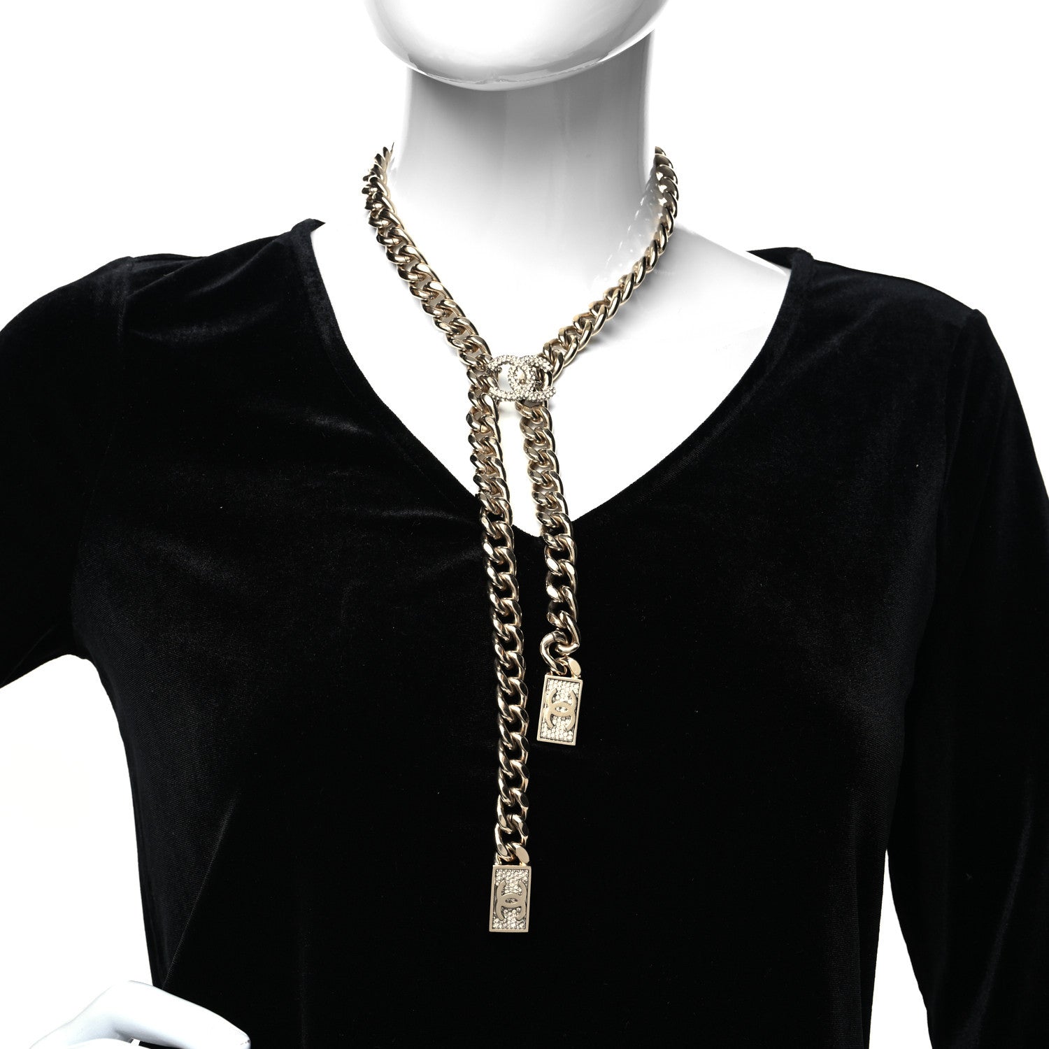 Chanel Chain Link Crystal CC Dog Tag Charm Necklace Gold 2 of 4
