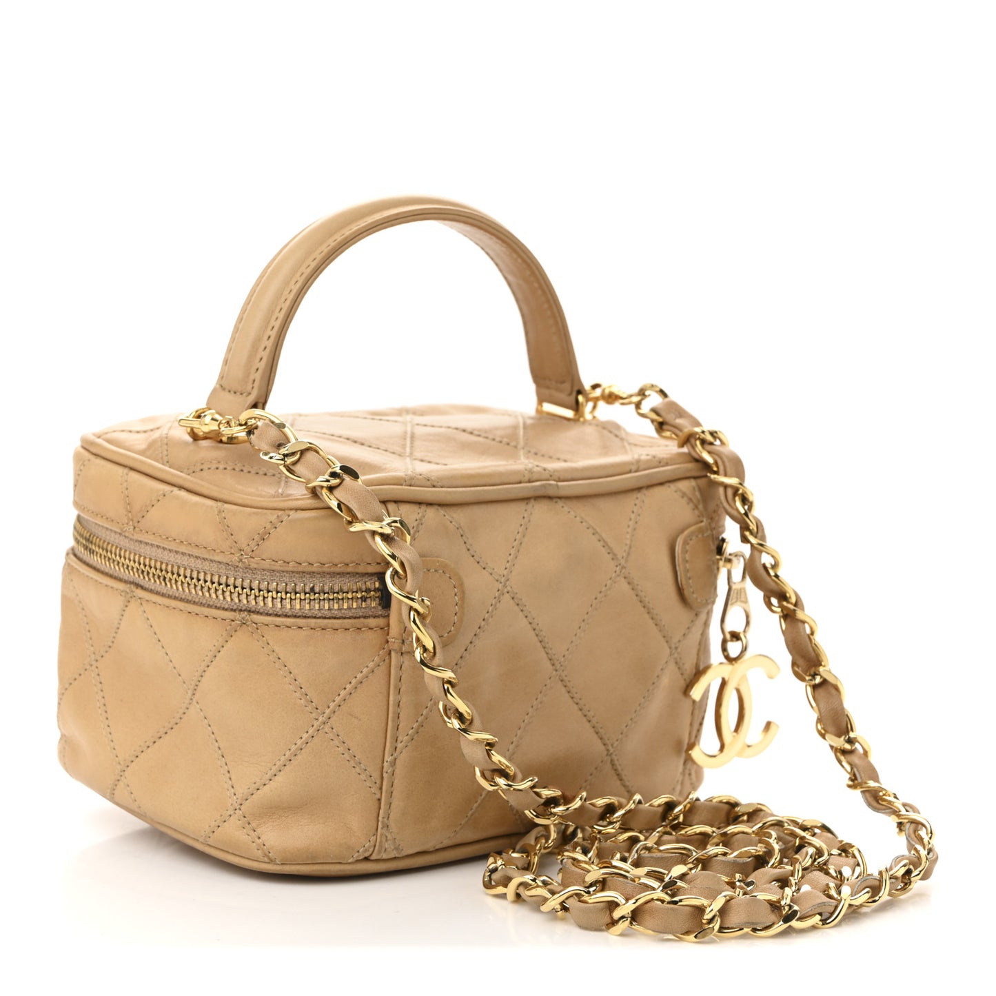 Lambskin Diamond Stitched Vanity Case With Chain Beige