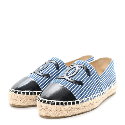 Chanel Canvas Striped Patent CC Espadrilles 35 Navy Black 4 of 10