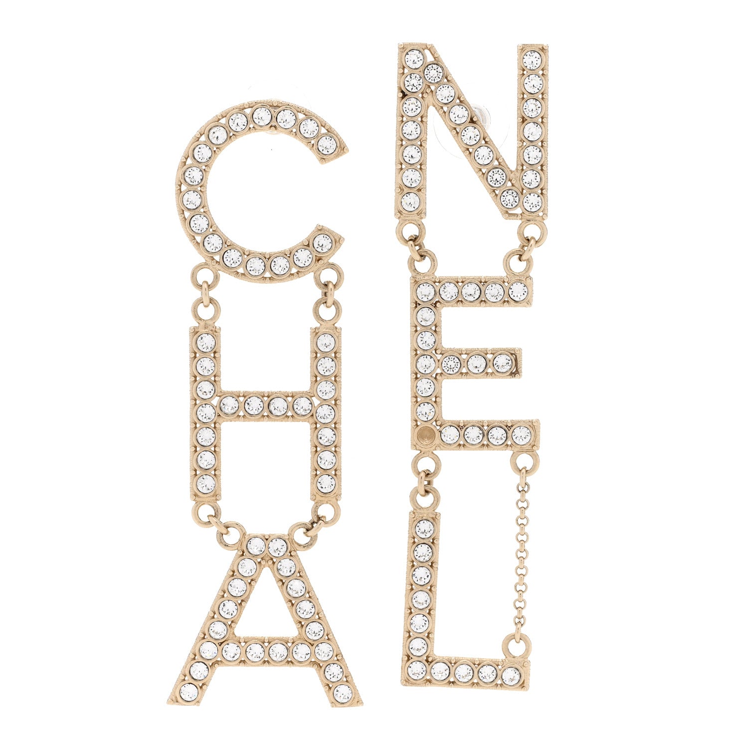 Chanel Crystal Cha-Nel Logo Drop Earrings Gold 1 of 5