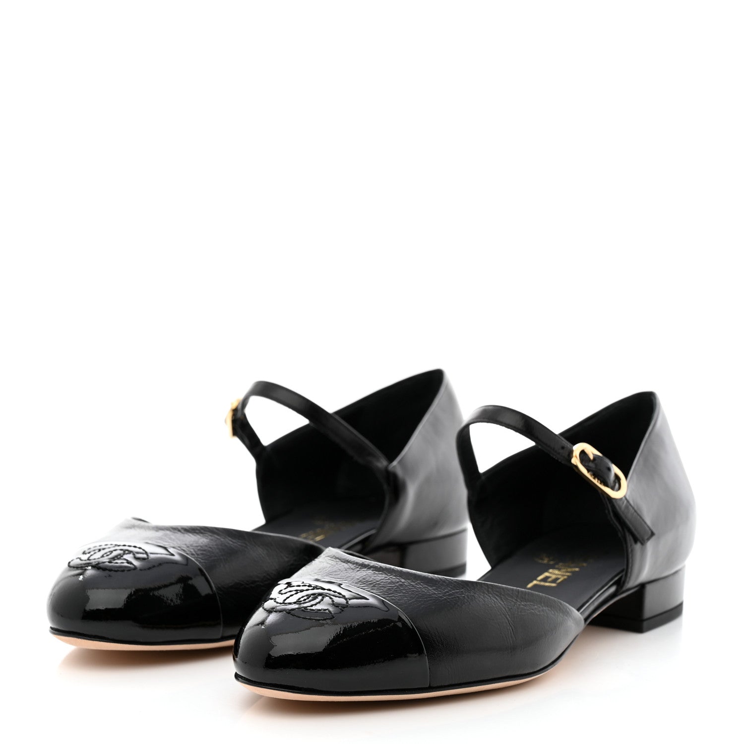 Chanel Glazed Calfskin Patent Cap Toe CC Mary Jane Flats 37 Black 3 of 9