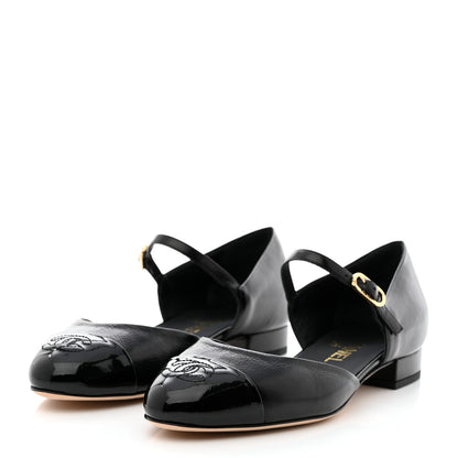 Chanel Glazed Calfskin Patent Cap Toe CC Mary Jane Flats 37 Black 3 of 9