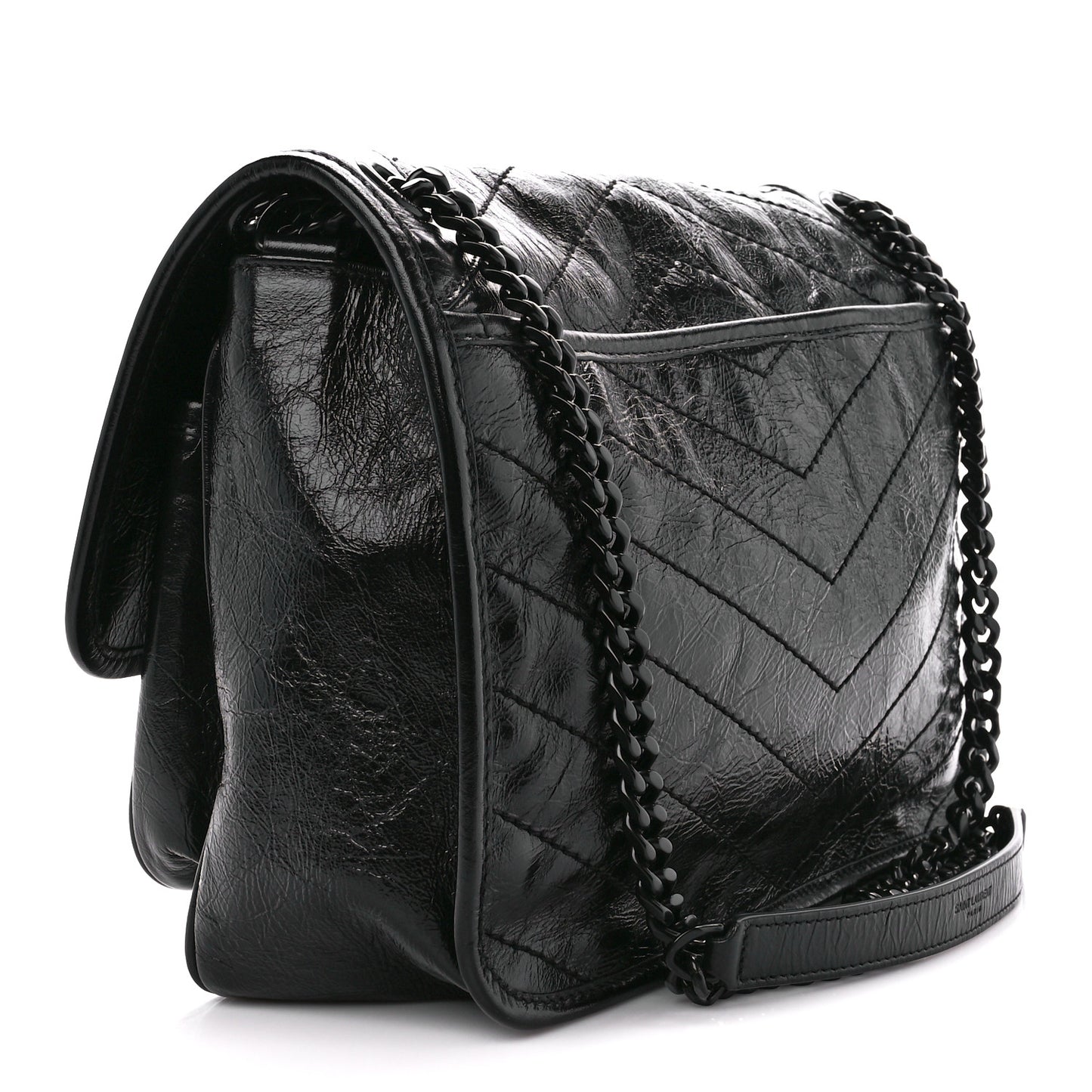 Crinkled Calfskin Matelasse Monogram Medium Niki Chain Satchel Black
