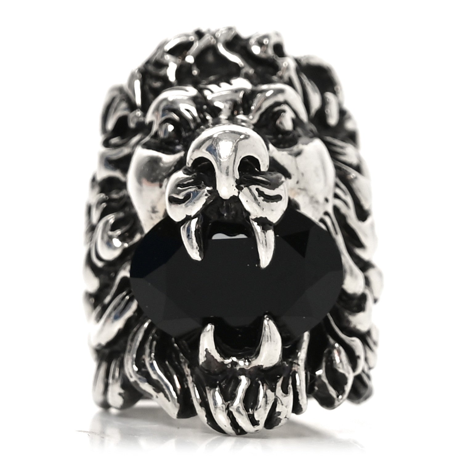 Gucci Metal Crystal Lion Head Ring  49 4.75 Black Aged Silver 1 of 4