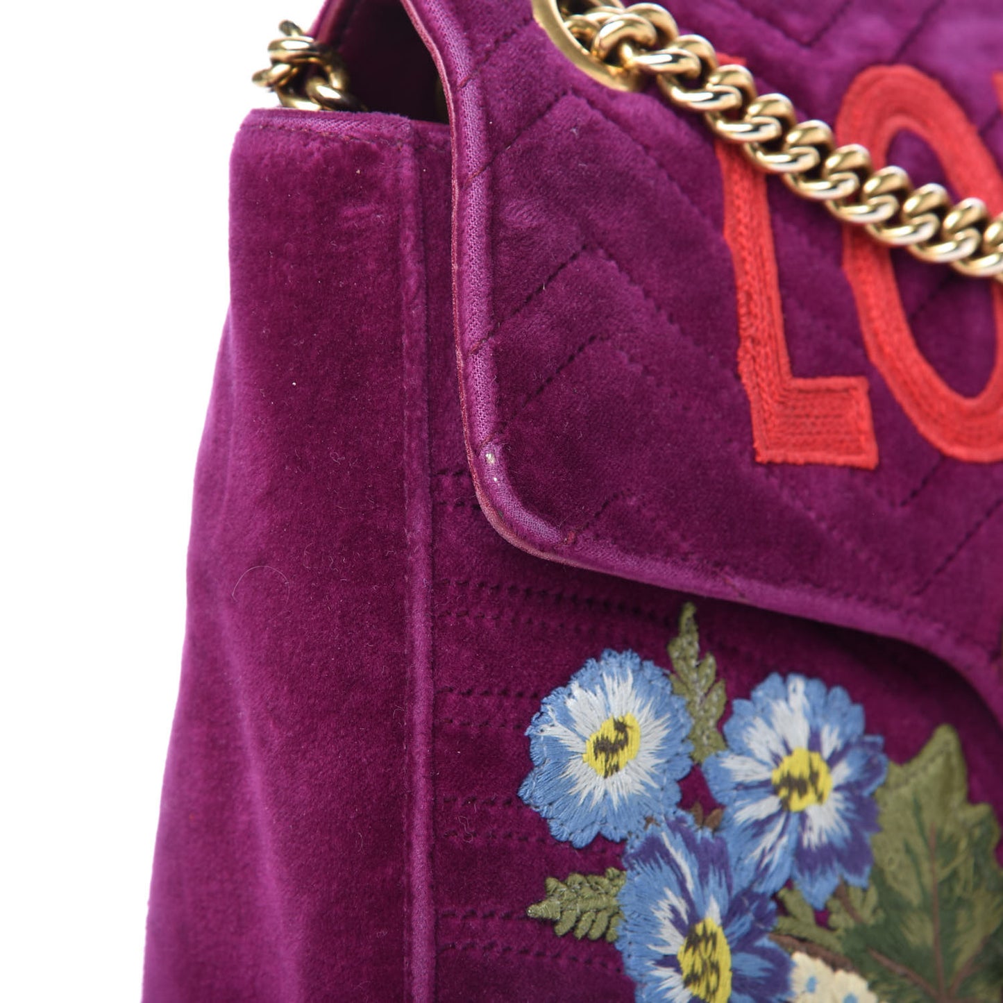 Velvet Matelasse Loved Embroidered Medium GG Marmont Shoulder Bag Fuchsia Violet Cyclamen
