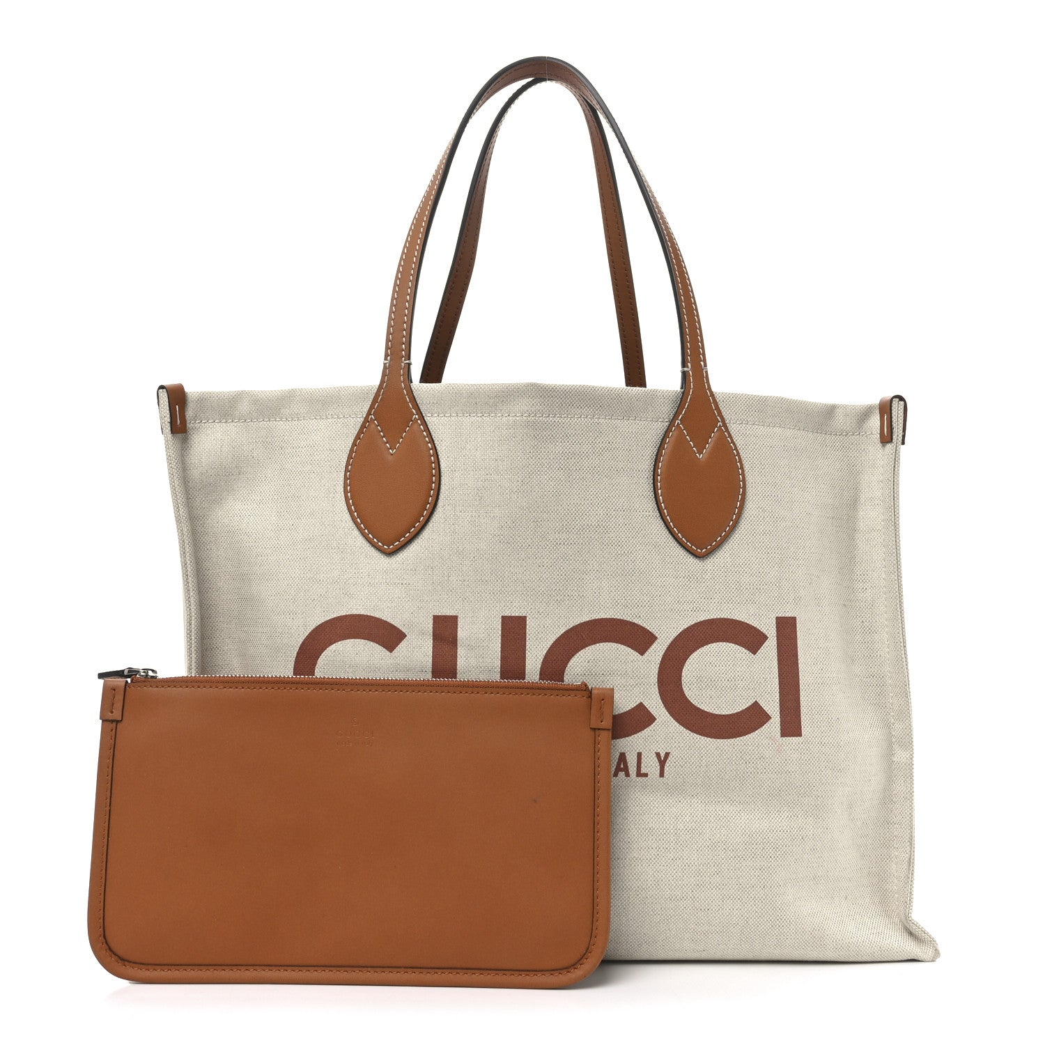 Gucci Canvas Calfskin Logo Print Large Tote Bag Brown 3 of 12