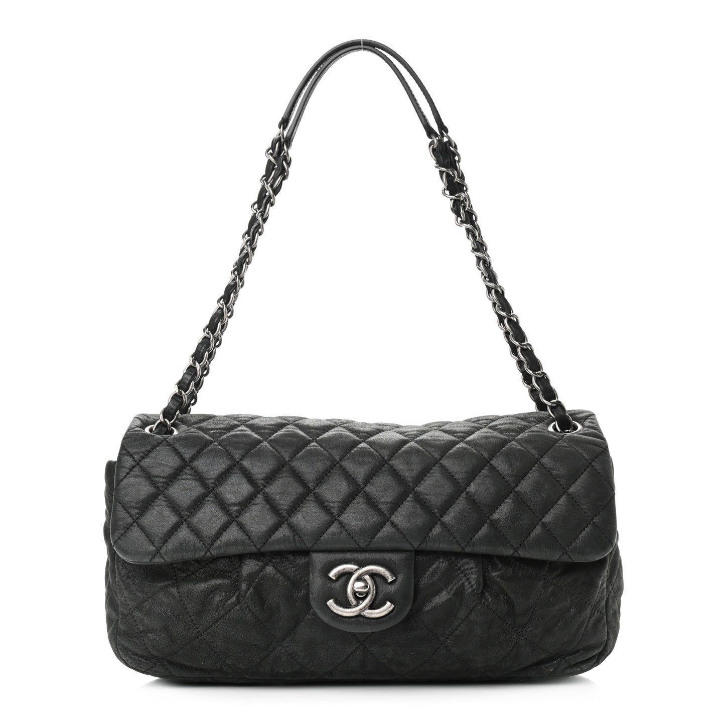 Iridescent Calfskin Large Chic Quilt Flap Black