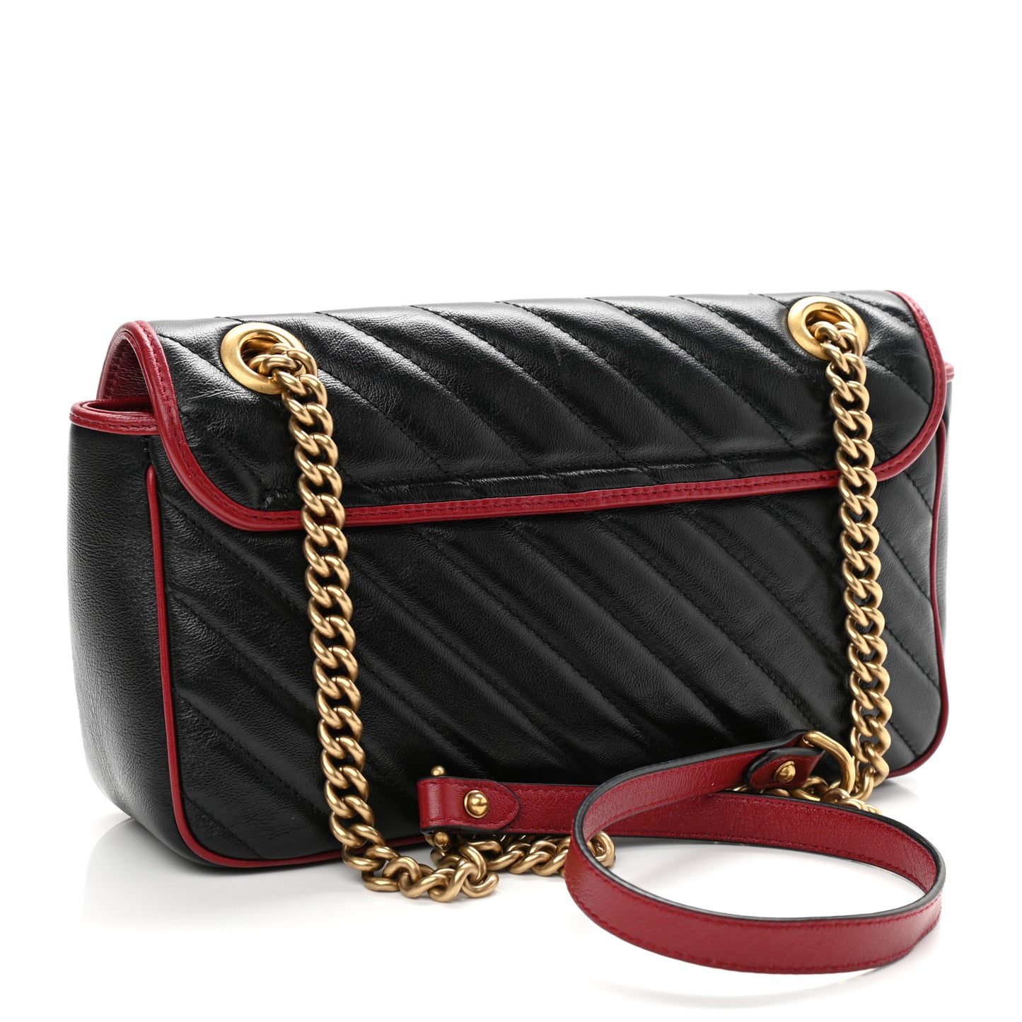 Vintage Effect Calfskin Matelasse Diagonal Small Torchon GG Marmont Shoulder Bag Black Romantic Cherry