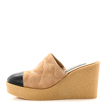 Chanel Suede Calfskin Lambskin Quilted CC Mules 40 Beige Black 1 of 10