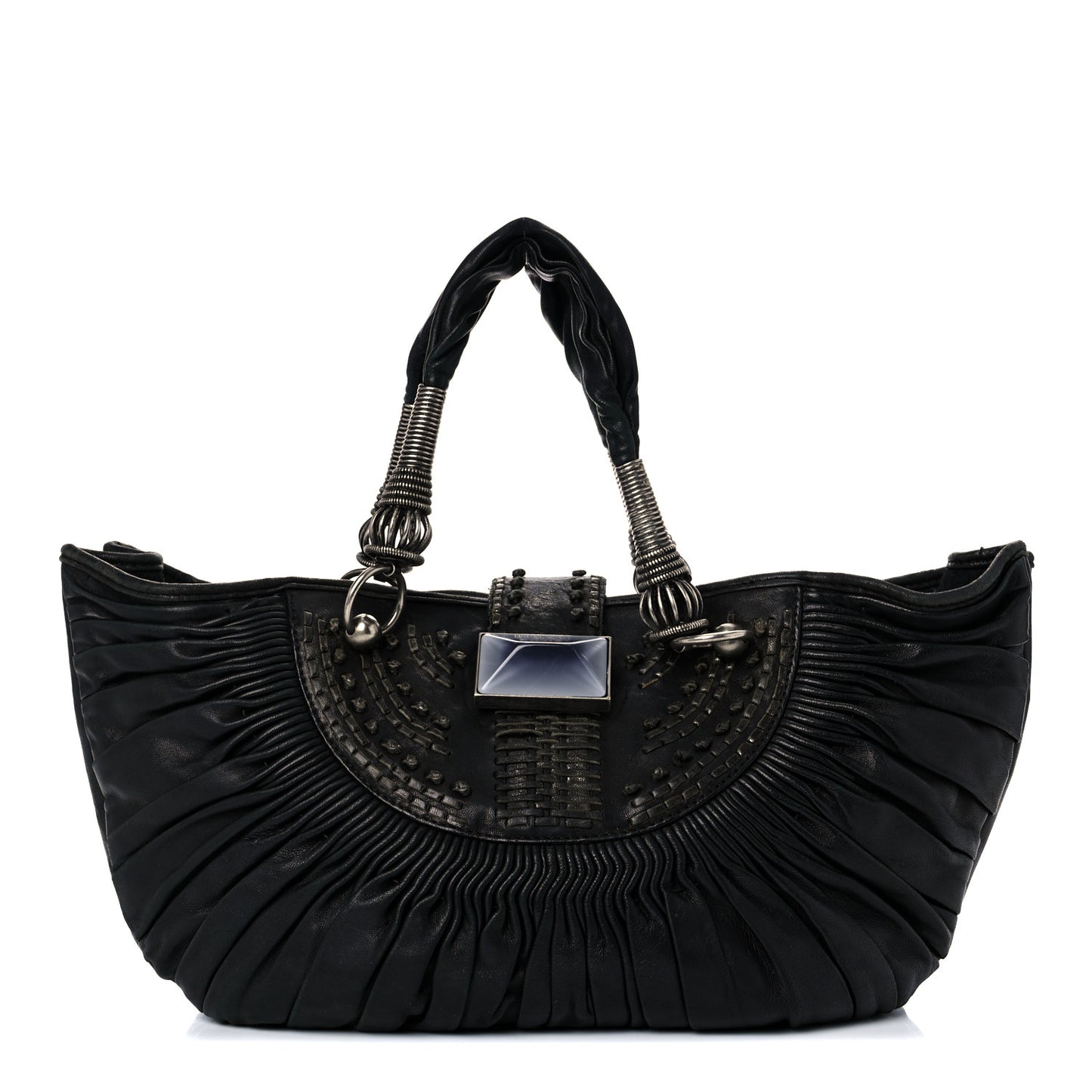 Lambskin Plisse Pleated Basket Tote Bag Black