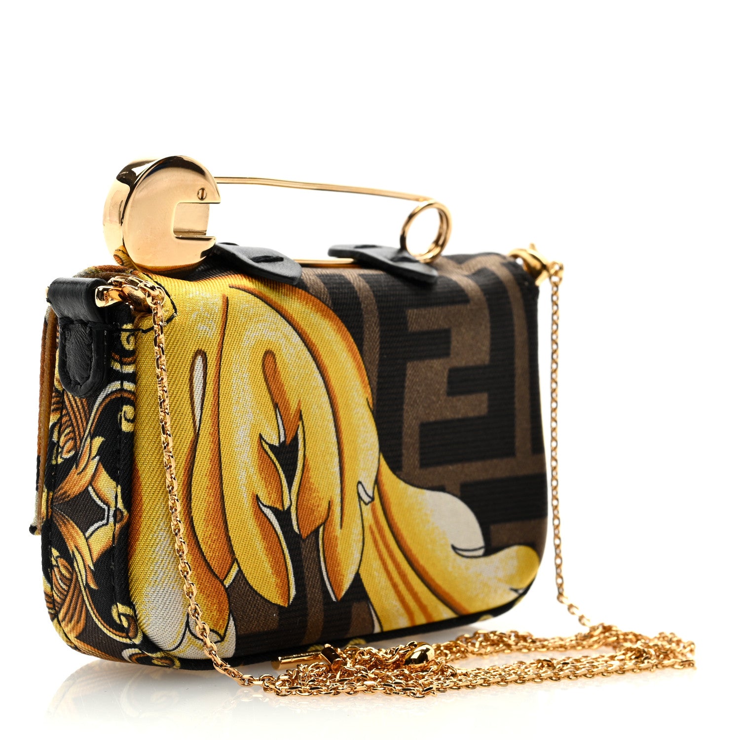 Fendi X VERSACE Silk Fendace FF Baroque Nano Brooch Baguette Charm Black Gold 3 of 8