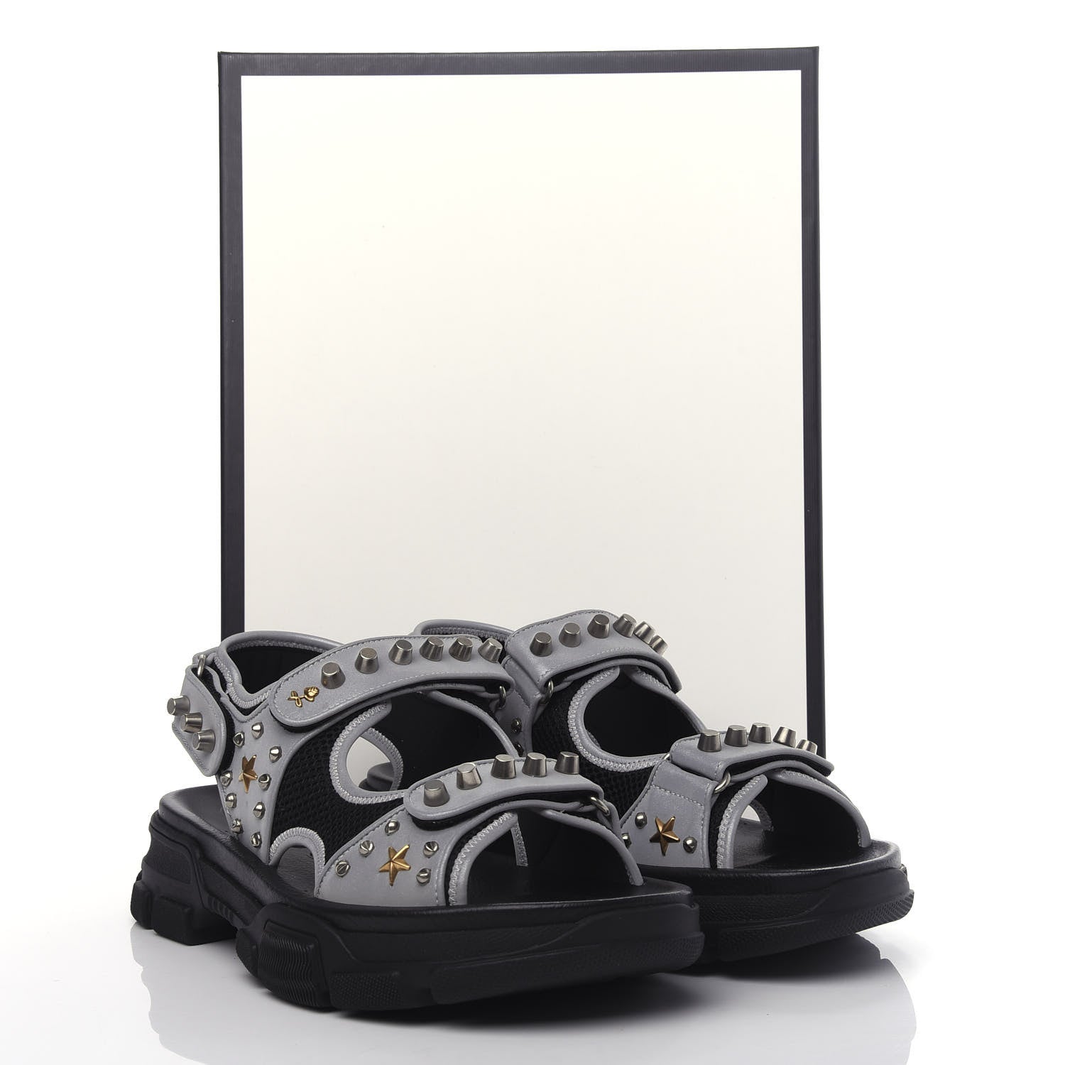 Gucci Technical Canvas Calfskin Reflective Studded Mens Aguru Sandals 11 Silver Black 9 of 9