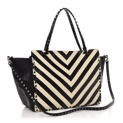 Valentino Garavani Calfskin Chevron Medium Rockstud Tote Light Ivory Black 3 of 10