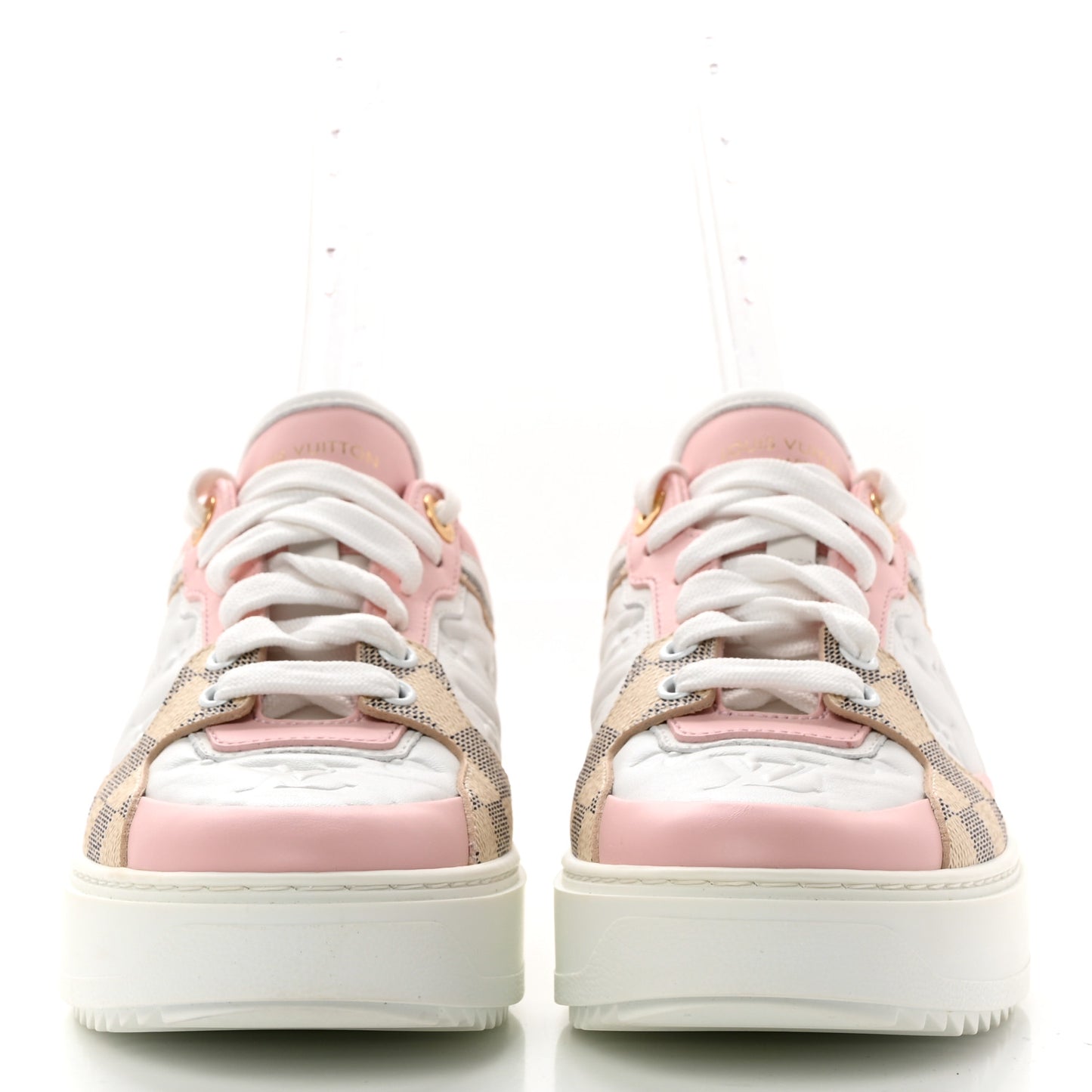 Monogram Embossed Calfskin Damier Azur Time Out Sneakers 38.5 Rose Clair Pink